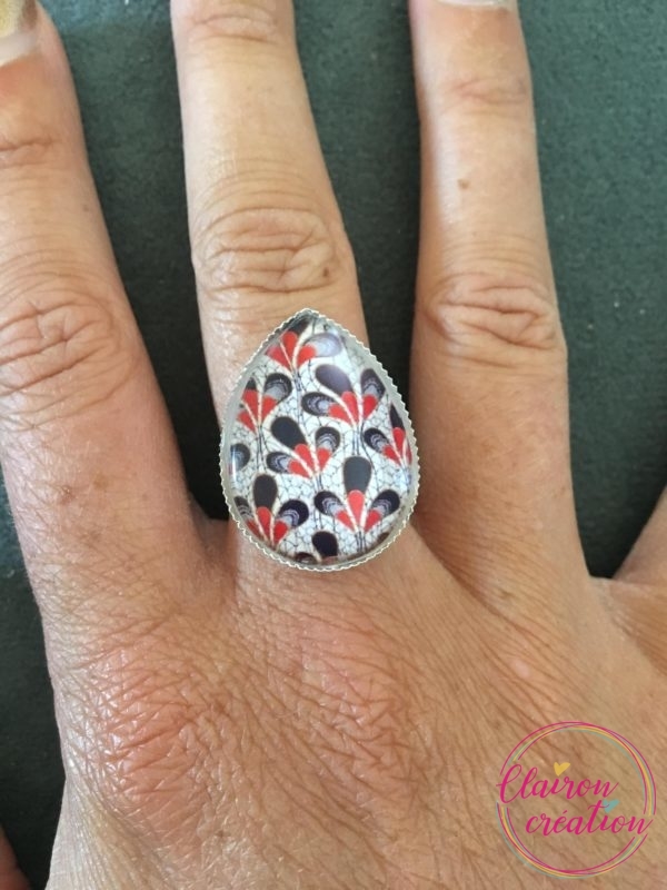 Bague goutte plumes bleu marine et rouge (8)