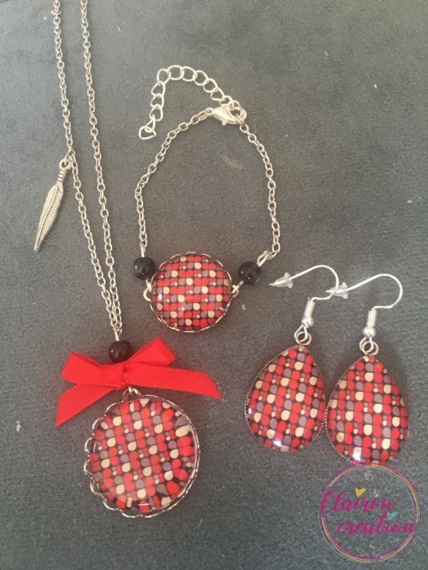 Parure Rouge Boucles / Bracelet et Sautoir