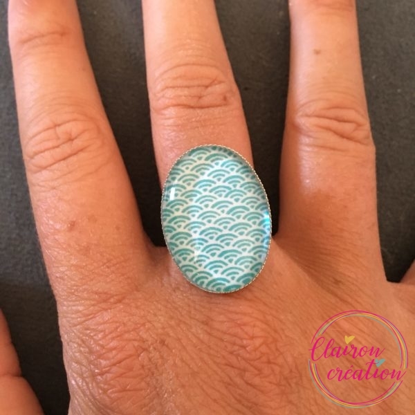 Bague ovale vaguelettes bleues