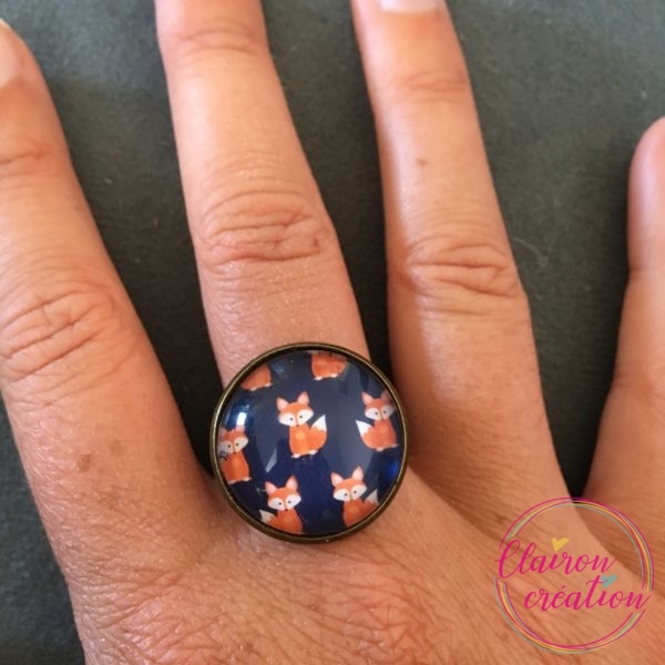 Bague petits renards fond bleu marine