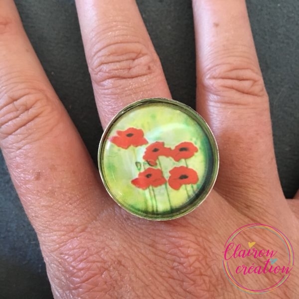 Bague ronde motif coquelicot vert et rouge