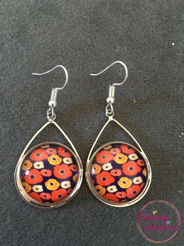 Boucles triangle Motif fleuri Bleu marine et Rouge
