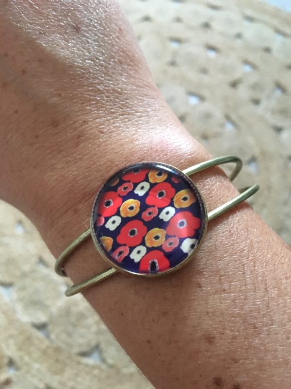 Manchette motif FLEURI Bleu Marine et Rouge