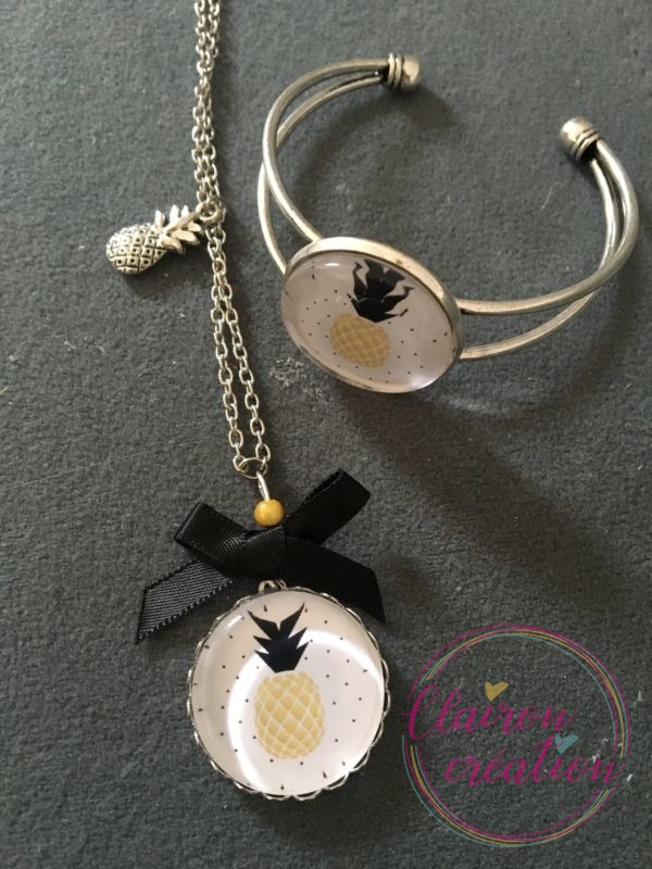 Parure manchette et sautoir avec Ananas Or et Noir