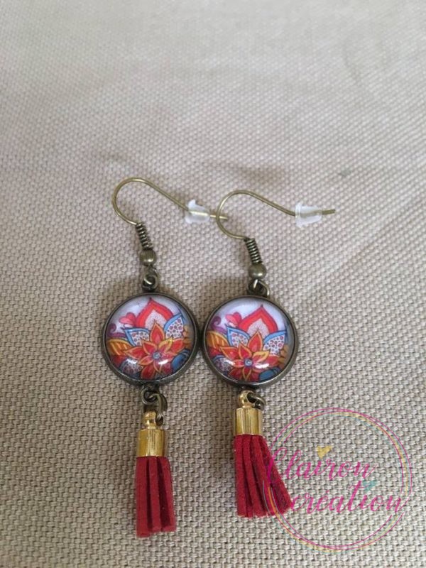 Boucles pompon motif incas rouge