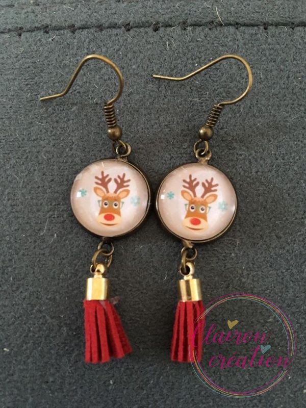 Boucles pompon Noël renne à lunette rouge