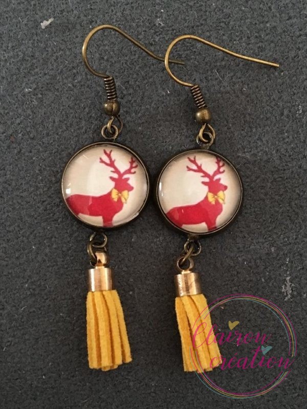 Boucles pompon Noël Cerf Nœud Jaune