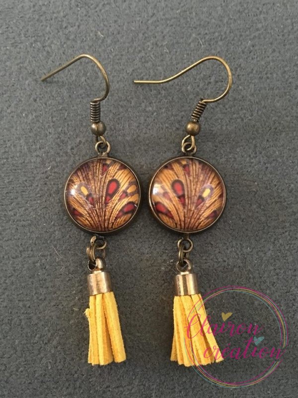 Boucles pompon Plumes jaune rouge