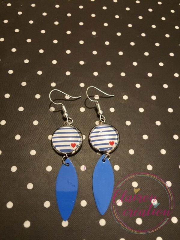 Boucles pendantes Marinière bleu coeur rouge