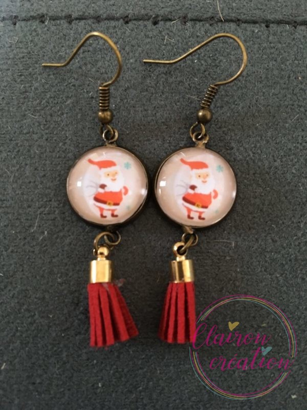 Boucles pompon rouge Père Noël et sa hotte