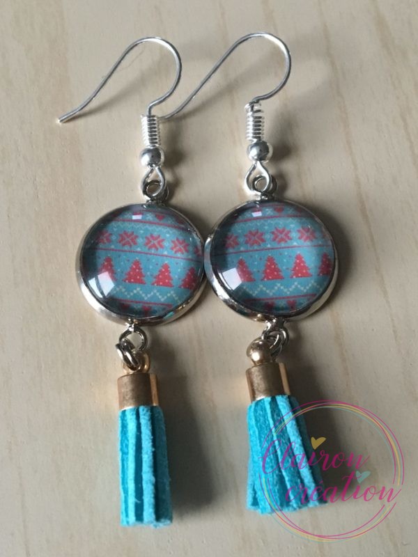 Boucles pompon thème Noël fond bleu