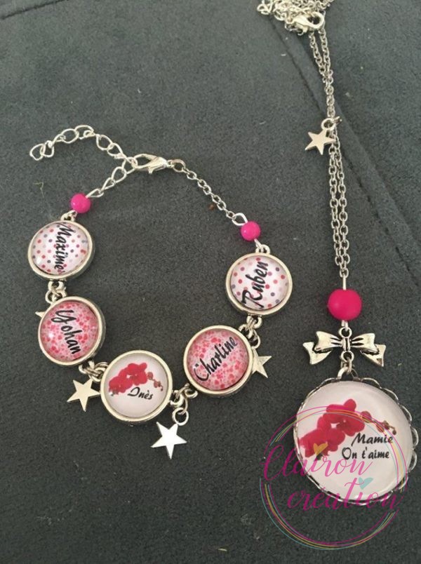 Parure mamie on t'aime fond rose et blanc avec prénom
