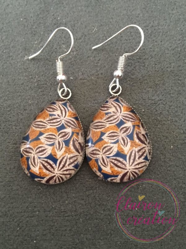 Boucles goutte feuillage orangé bleu marine marron