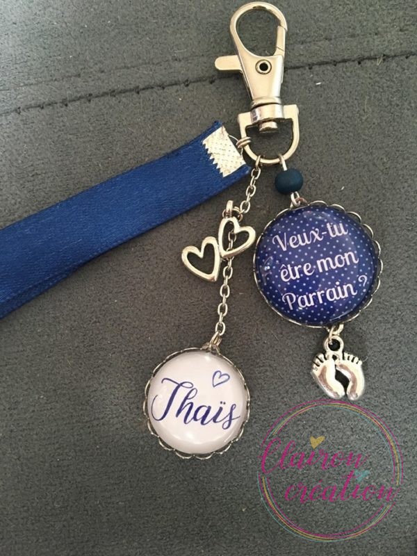 Porte Clé veux tu être mon parrain ? fond bleu
