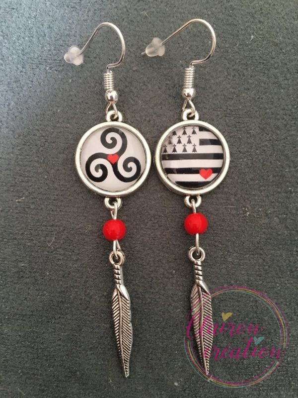 Boucles pendantes Triskel et drapeau Breton noir et blanc