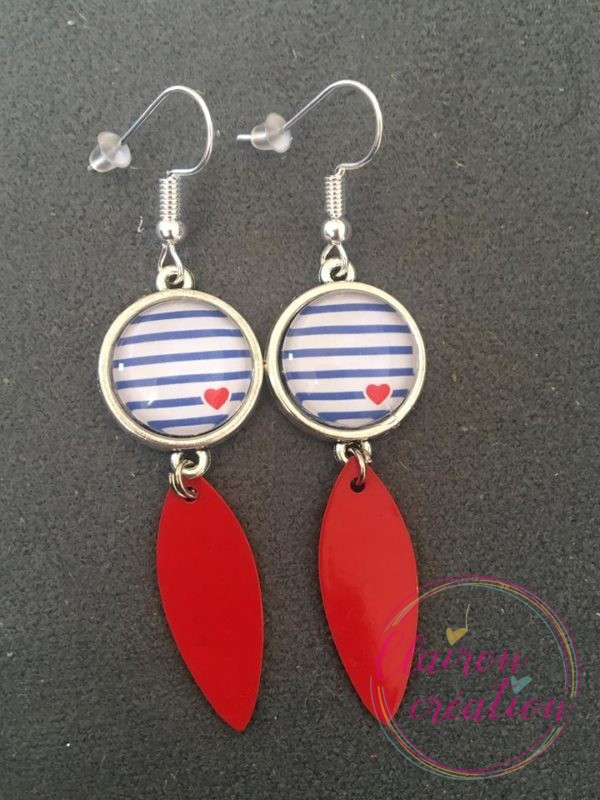 Boucles pendantes mariniere coeur ton rouge