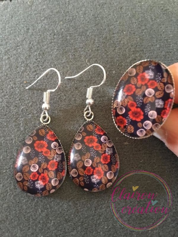 Parure bague + boucles fleurs rouge marron