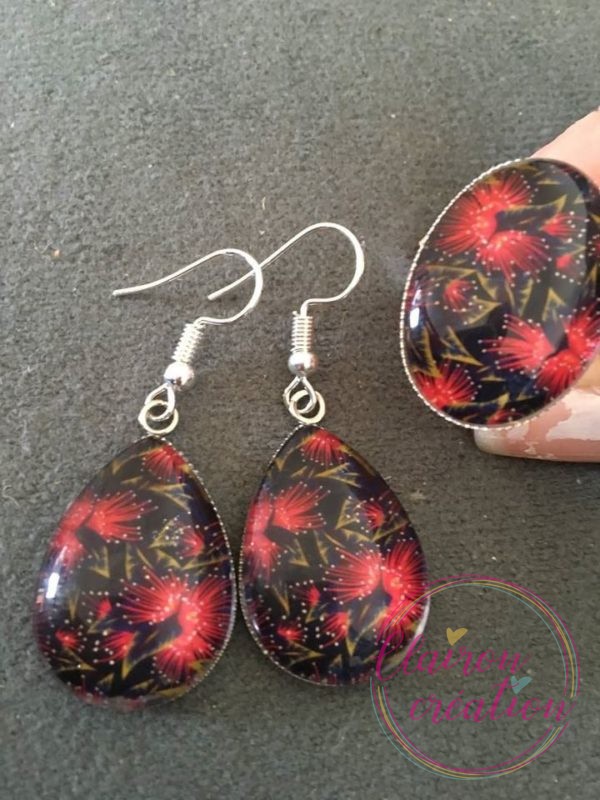 Parure bague + boucles fleurs rouge fond noir