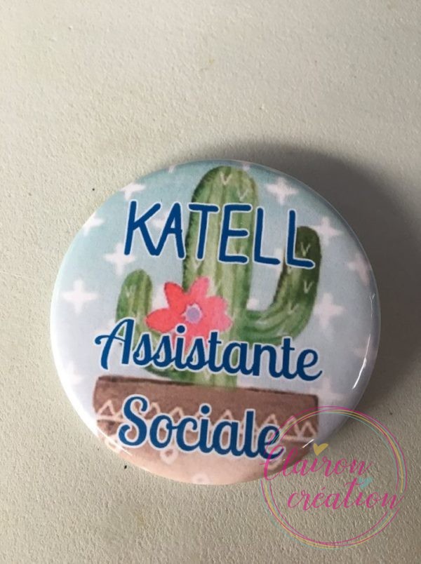 Badge prénom assistante sociale cactus
