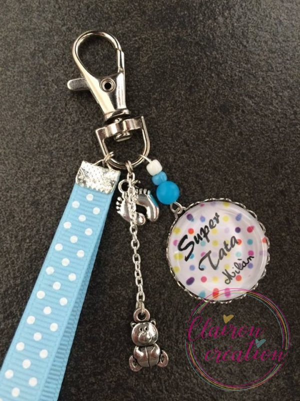 Porte Clé super Tata avec prénom ton bleu