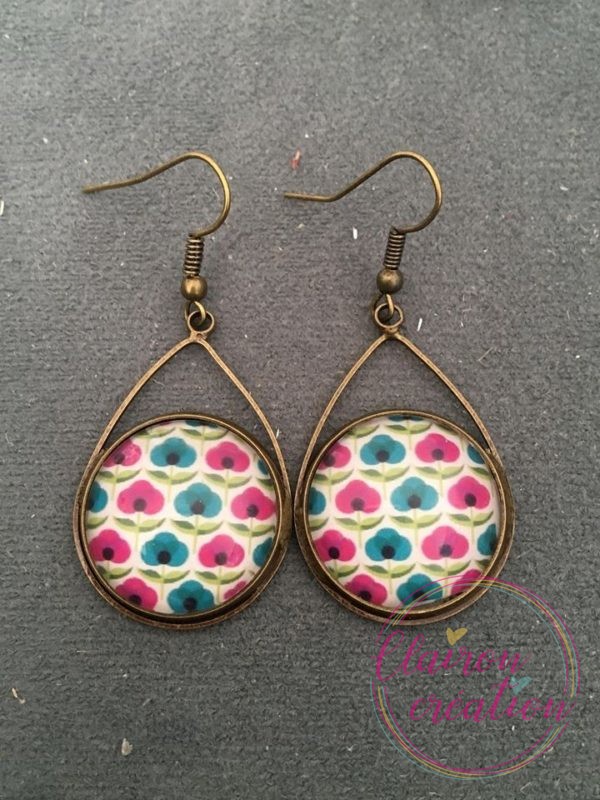 Boucles triangle jolies fleurs fushia turquoise