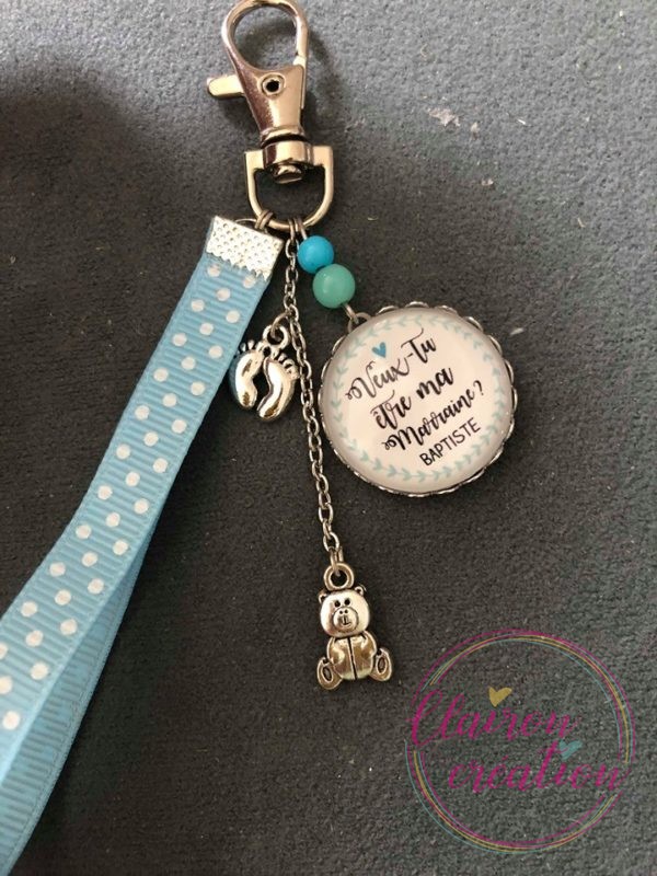 Porte Clé veux tu être ma marraine ? fond Bleu
