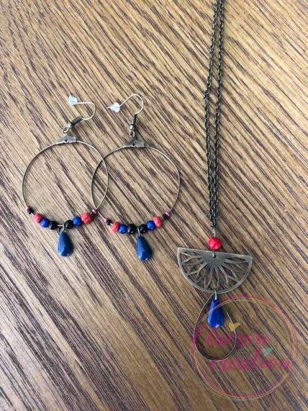 Sautoir éventail cuivré et perle bleue + Créoles
