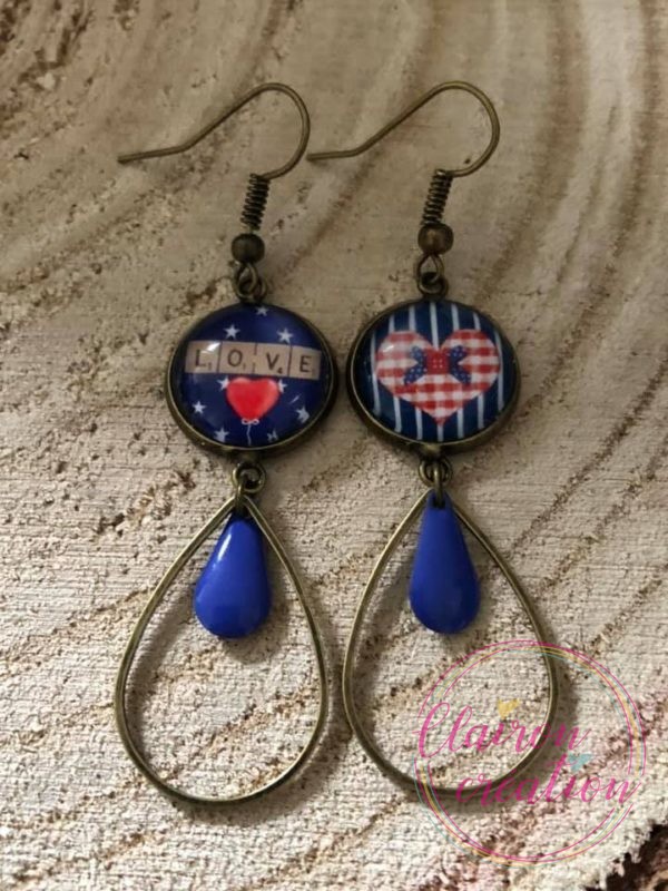 Boucles pendantes Love Coeur fond bleu