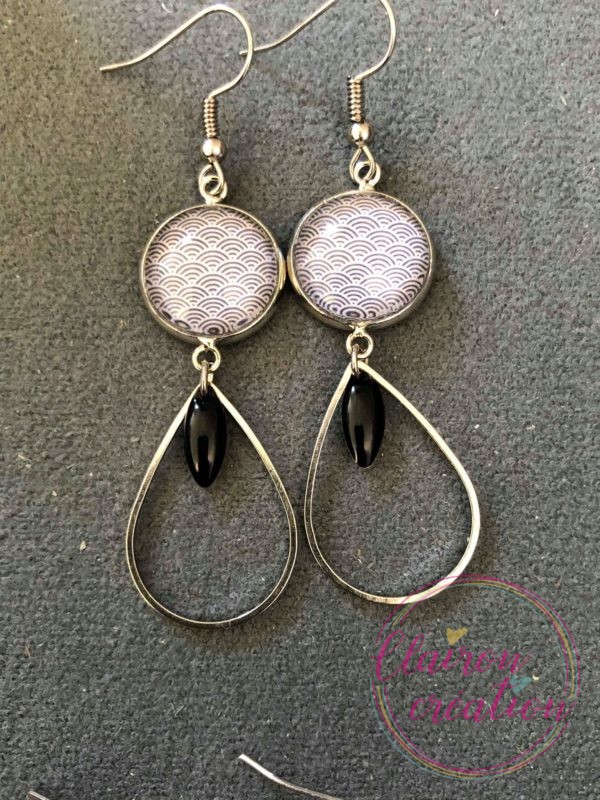 Boucles pendantes Eventails Noir et Blanc