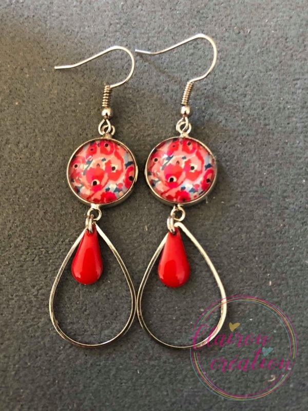 Boucles pendantes Fleurs Rouges gouttes Rouges