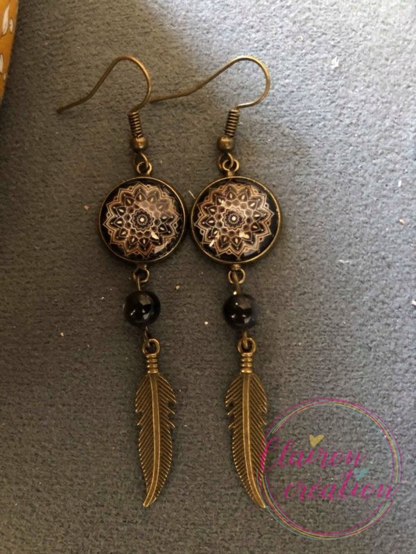 Boucles pendantes Mandala Doré Noir