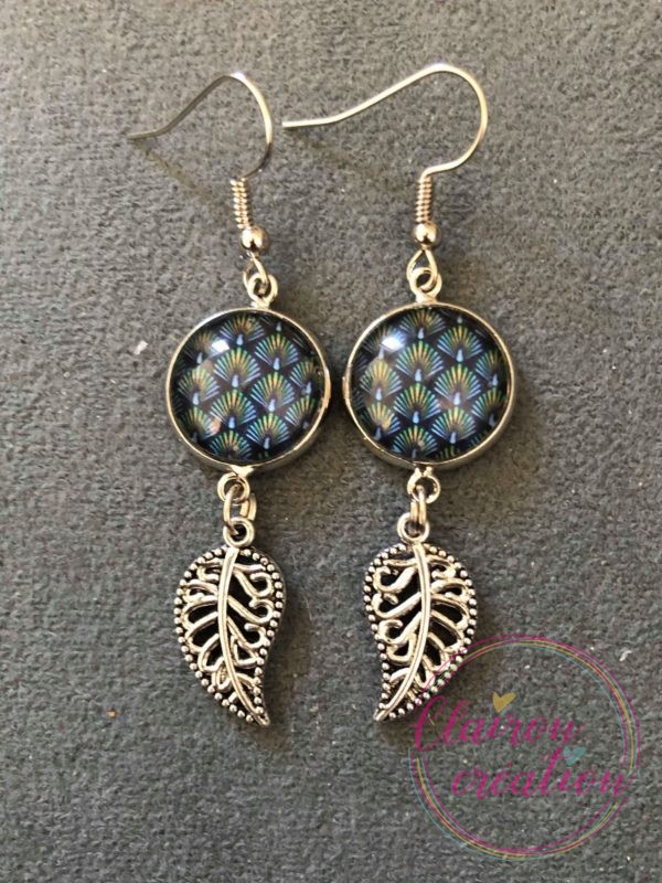 Boucles pendantes Eventails Vert Or