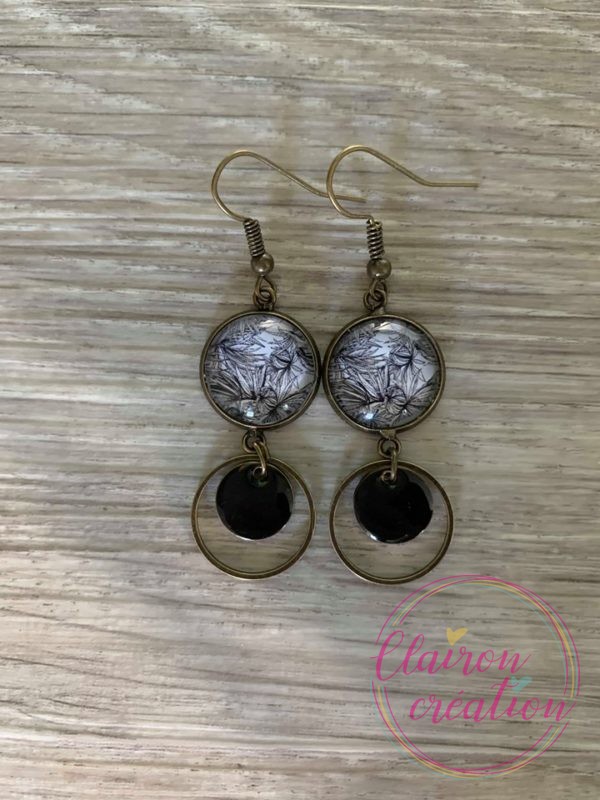 Boucles pendantes Feuillages Noir et Blanc