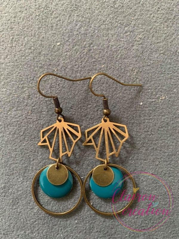 Boucles Feuilles Brisées et Sequin Rond Bleu Vert