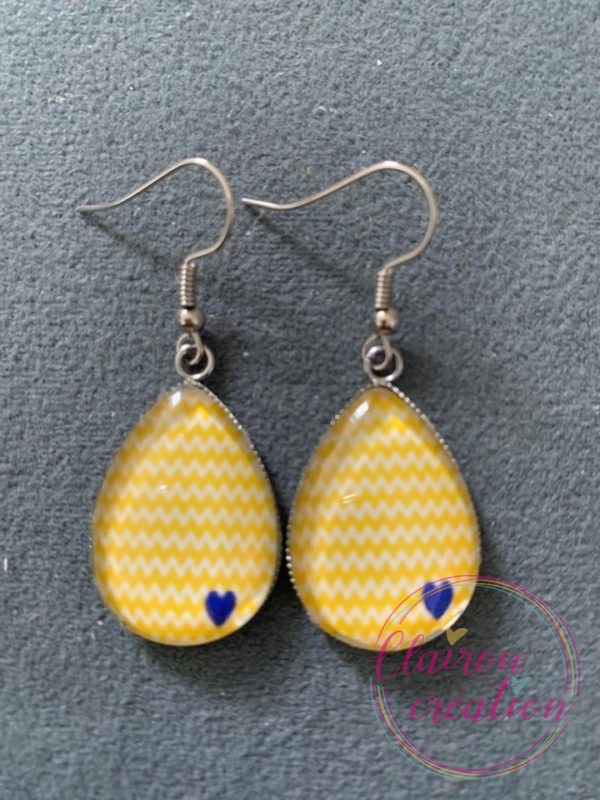 Boucles goutte cœur Bleu zig zag Jaune