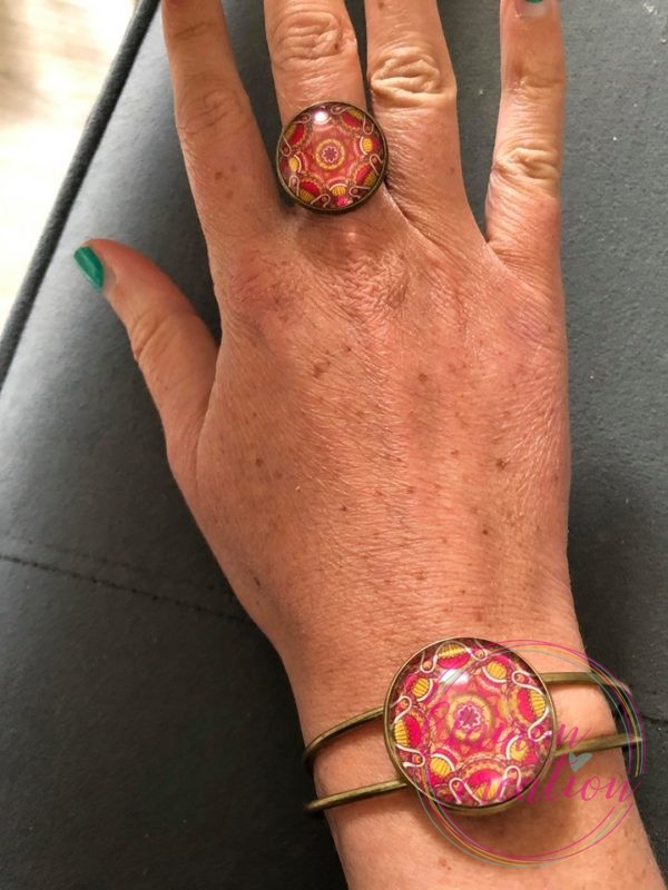Parure Bague Manchette Mandala jaune Rouge