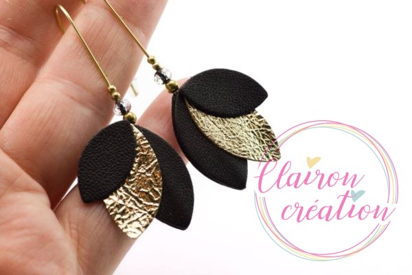 Boucles Pétales de Cuir Noir et Or