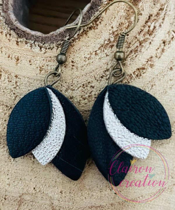 Boucles en pétales de CUIR (9) NOIR- ARGENT - NOIR